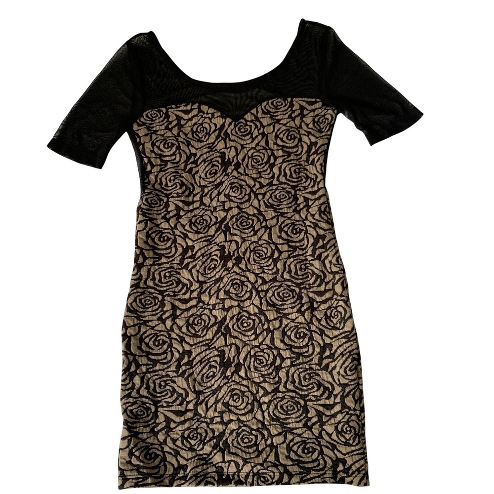 Vintage Manito Bodycon Dress Women M Tan Black Floral Rose Sheer Mesh Party Goth